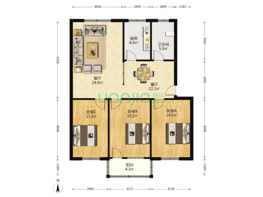 园田路20号院 3室2厅1卫 116平方
