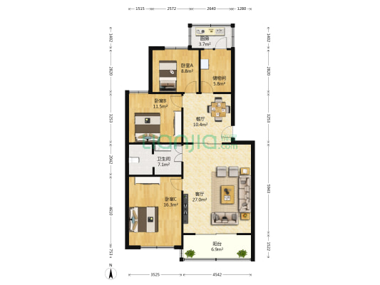 憩园小区 3室2厅1卫 121平方