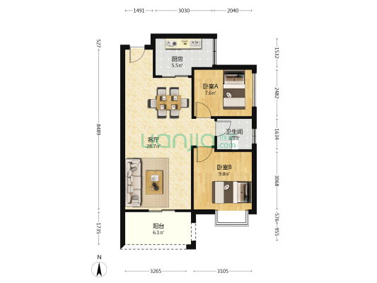 东璟华府 2室1厅1卫 76平方