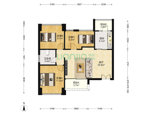 领航城领翔华府 3室1厅1卫 86平方