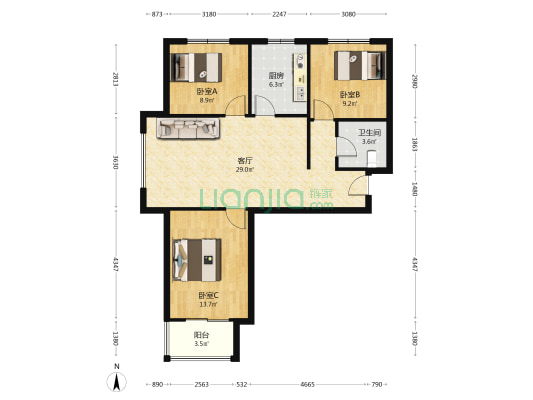 名流美域 南北通透三居室 中间楼层 房本满二-户型图