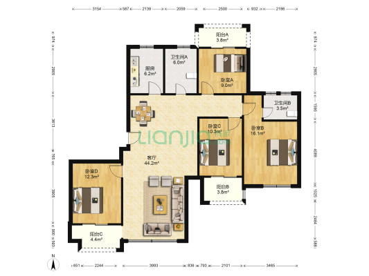 中煤.滨湖花城小区 4室1厅2卫 158平方