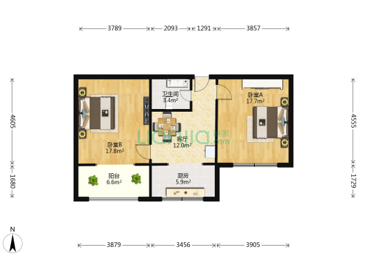 现代御花园 2室1厅1卫 80平方