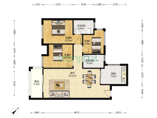 美的云熙府 3室1厅2卫 102平方