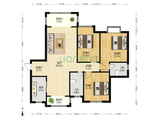 大辰新兴苑 3室1厅2卫 129平方