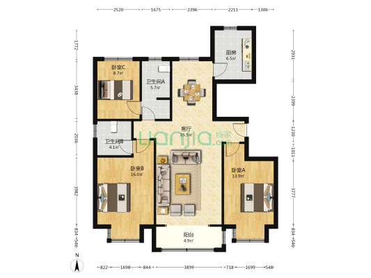 畅博尚都 3室1厅2卫 130平方