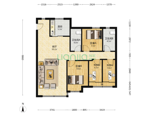 龙湖蓝岸郦城 4室1厅2卫 107平方