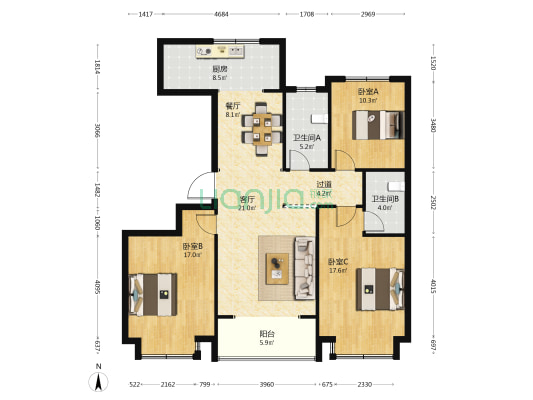 万浩红玺城 3室2厅2卫 139平方