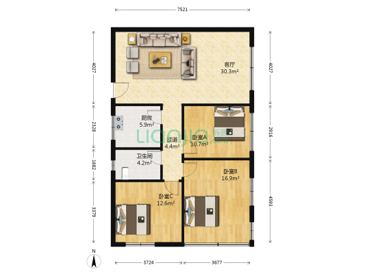 朝阳路58号 3室1厅1卫 104平方