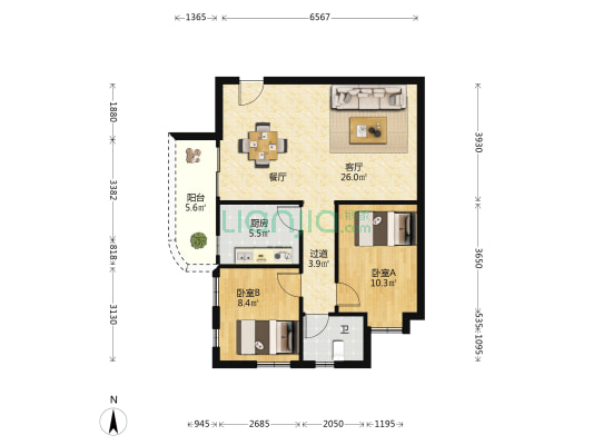 中恳 2室1厅1卫 90平方
