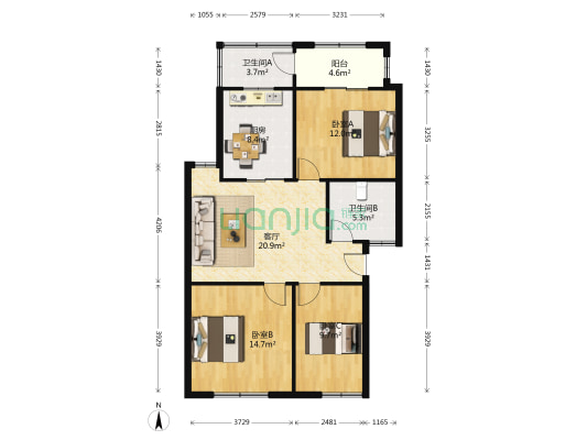 万兴小区 3室1厅2卫 103平方