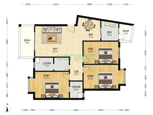 津福花园 3室2厅2卫 124平方