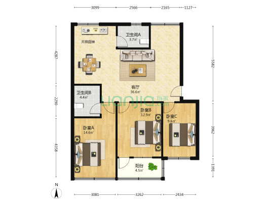 南宁广播电视台住宅楼 3室1厅2卫 90平方
