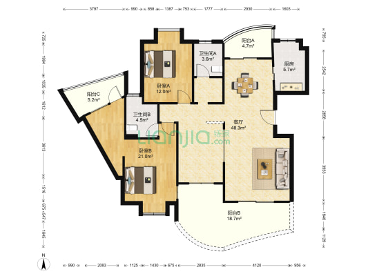 御景台 2室1厅2卫 132平方