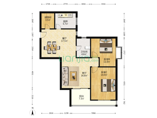 澳龙公寓 2室2厅1卫 105平方