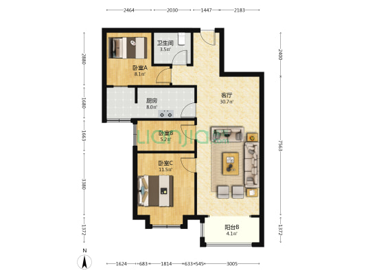 高铁通勤三居，业主急售精装两居，拎包入住-户型图
