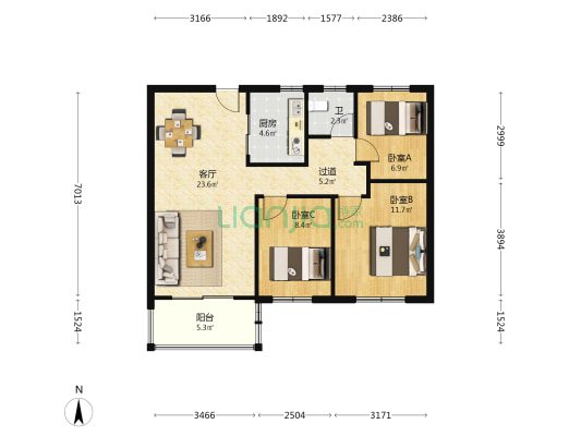 太平洋城中城三期 3室1厅1卫 96平方