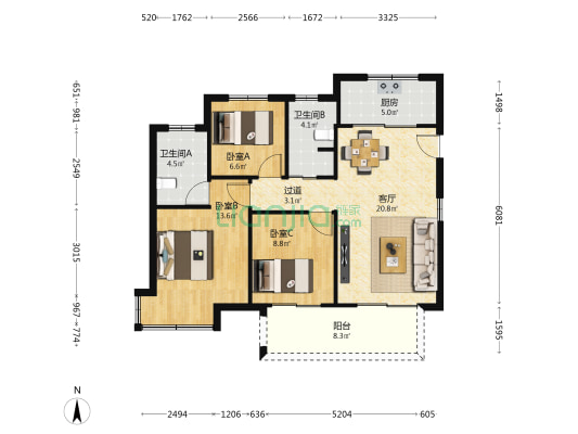 耀海苑西区 3室1厅2卫 101平方