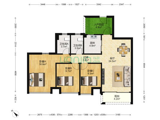 美湖花园 3室1厅2卫 104平方