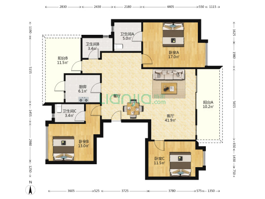 圣桦公馆 3室1厅3卫 143平方