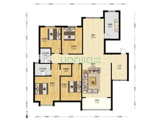 左岸枫桥 4室2厅2卫 173平方