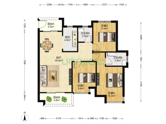 红星中奥广场 3室1厅2卫 110平方