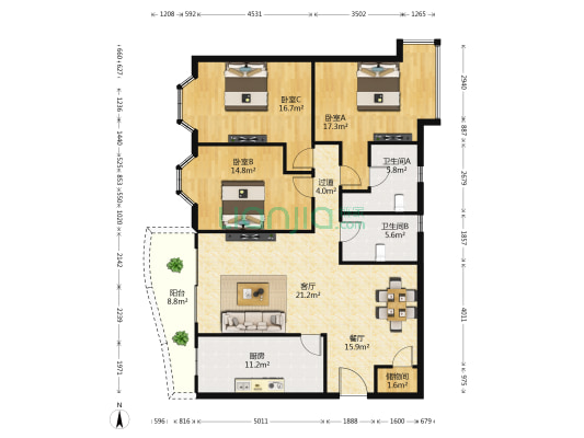 锦麟天地雅苑 3室2厅2卫 161平方