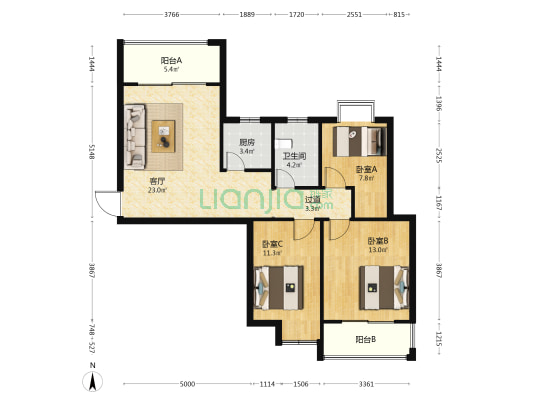 渔港家园A区 3室1厅1卫 92平方