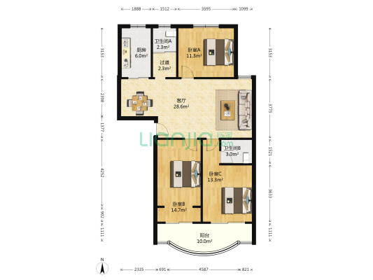 金轮新村 3室1厅2卫 117平方