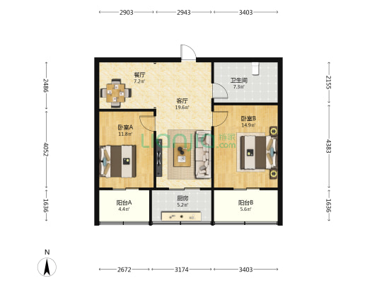 丰田汽检中心家属院 2室2厅1卫 91平方