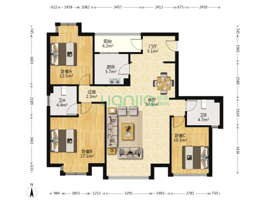 世纪美郡 3室1厅2卫 129平方