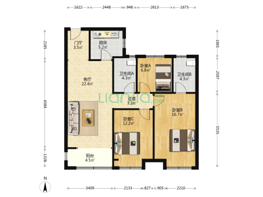 青特星城 3室1厅2卫 113平方