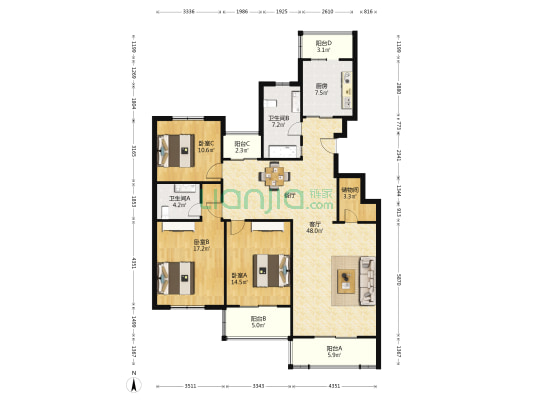 凤六新苑 3室1厅2卫 156平方