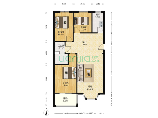 板楼大社区，南北南北通透三居室，户型方正，宜居舒适-户型图