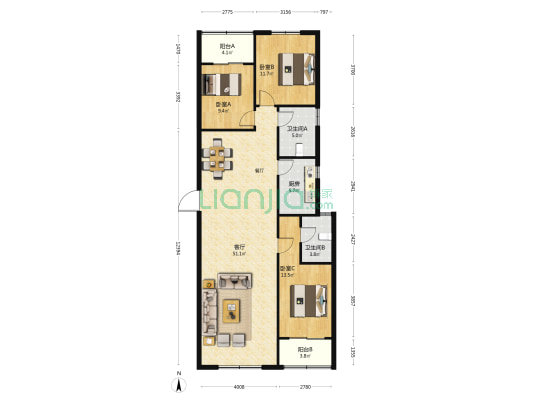 恒大北陈庄园 3室1厅2卫 151平方
