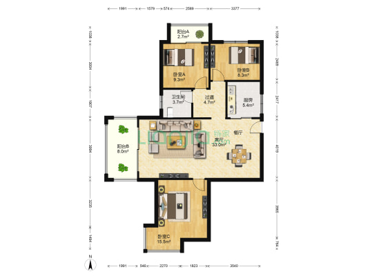地中海阳光 3室1厅1卫 89平方