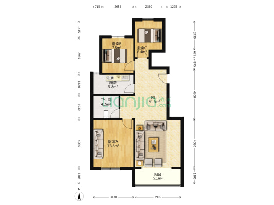 唐山碧桂园凤凰城 3室1厅1卫 100平方