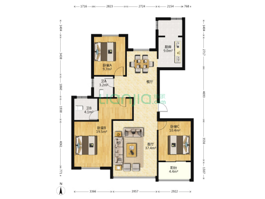 鑫源·阳光景城 3室2厅3卫 130平方
