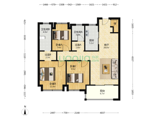 复地明日之城二期(A区) 3室1厅2卫 109平方