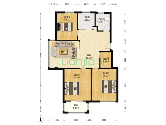 水尚阑珊小区 3室1厅1卫 107平方