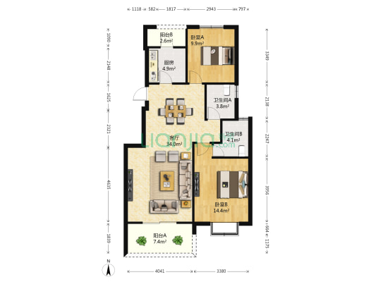 新丰丽都花园 2室1厅2卫 95平方
