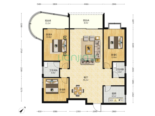 绿城国际 3室1厅2卫 148平方
