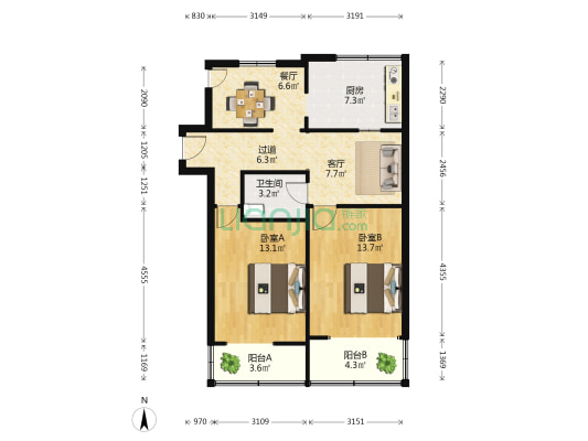 北极山村 2室2厅1卫 60平方