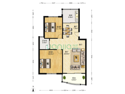 泰鸿苑 2室2厅1卫 96平方