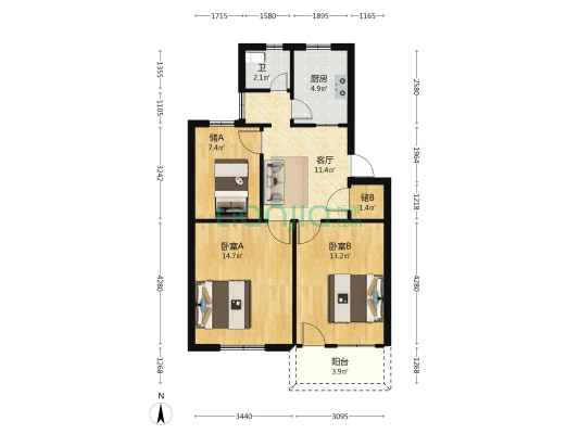 公园西路2号 2室1厅1卫 85平方