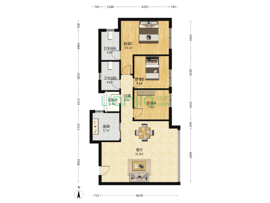 高新泷悦长安一期 3室1厅2卫 90平方