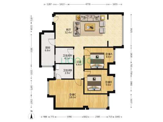汉东豪庭 3室1厅2卫 103平方