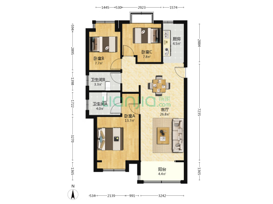 海畔东方城 3室1厅2卫 96平方