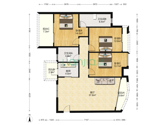 骏逸华庭 3室1厅2卫 132平方