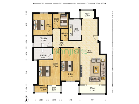东山小区 4室1厅2卫 167平方
